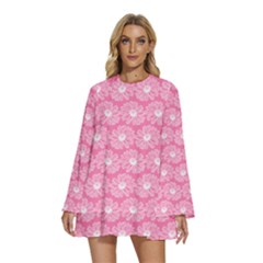 Pink Gerbera Daisy Vector Tile Pattern Round Neck Long Sleeve Bohemian Style Chiffon Mini Dress by GardenOfOphir