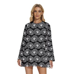 Black And White Gerbera Daisy Vector Tile Pattern Round Neck Long Sleeve Bohemian Style Chiffon Mini Dress by GardenOfOphir