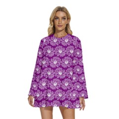 Gerbera Daisy Vector Tile Pattern Round Neck Long Sleeve Bohemian Style Chiffon Mini Dress by GardenOfOphir