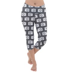 Modern Chic Vector Camera Illustration Pattern Lightweight Velour Capri Yoga Leggings by GardenOfOphir