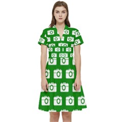 Modern Chic Vector Camera Illustration Pattern Short Sleeve Waist Detail Dress by GardenOfOphir
