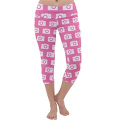 Pink Modern Chic Vector Camera Illustration Pattern Capri Yoga Leggings by GardenOfOphir