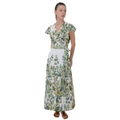 Gold And Green Eucalyptus Leaves Flutter Sleeve Maxi Dress by Jack14