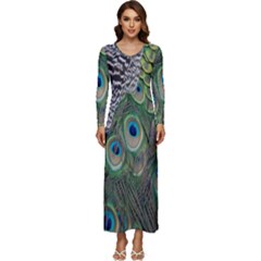 Peacock Bird Feather Colourful Long Sleeve Longline Maxi Dress by Jancukart