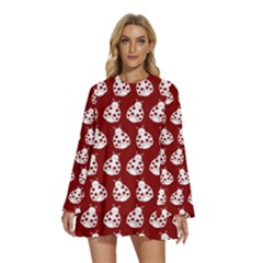 Ladybug Vector Geometric Tile Pattern Round Neck Long Sleeve Bohemian Style Chiffon Mini Dress by GardenOfOphir