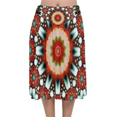 Kaleidoscope Floral Pattern Rosette Velvet Flared Midi Skirt by Jancukart