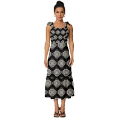 Abstract Knot Geometric Tile Pattern Tie-strap Tiered Midi Chiffon Dress by GardenOfOphir