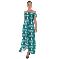 Teal And White Spatula Spoon Pattern Off Shoulder Open Front Chiffon Dress by GardenOfOphir