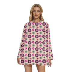 Cute Floral Pattern Round Neck Long Sleeve Bohemian Style Chiffon Mini Dress by GardenOfOphir