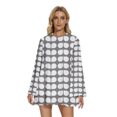 Gray And White Leaf Pattern Round Neck Long Sleeve Bohemian Style Chiffon Mini Dress by GardenOfOphir