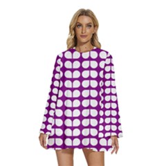 Purple And White Leaf Pattern Round Neck Long Sleeve Bohemian Style Chiffon Mini Dress by GardenOfOphir