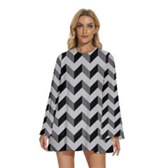 Modern Retro Chevron Patchwork Pattern Round Neck Long Sleeve Bohemian Style Chiffon Mini Dress by GardenOfOphir