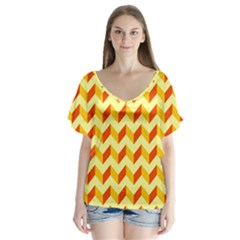 Modern Retro Chevron Patchwork Pattern V-neck Flutter Sleeve Top by GardenOfOphir