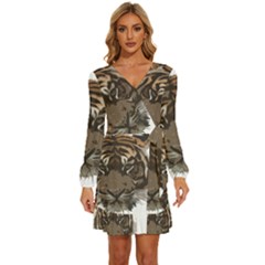 Tiger Comic Cartoon Animal Long Sleeve Waist Tie Ruffle Velvet Dress by Semog4
