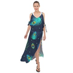Blue Background Pattern Feather Peacock Maxi Chiffon Cover Up Dress by Semog4