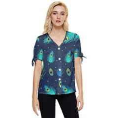 Blue Background Pattern Feather Peacock Bow Sleeve Button Up Top by Semog4
