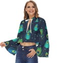 Blue Background Pattern Feather Peacock Boho Long Bell Sleeve Top View2