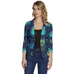 Blue Background Pattern Feather Peacock Women s One-button 3/4 Sleeve Short Jacket by Semog4