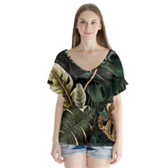 Tropical Leaves Foliage Monstera Nature Home Pattern V-neck Flutter Sleeve Top by Jancukart