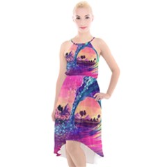 Retro Wave Ocean High-low Halter Chiffon Dress  by Semog4