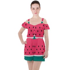 Watermelon Fruit Pattern Ruffle Cut Out Chiffon Playsuit by Semog4