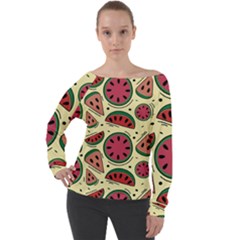 Watermelon Pattern Slices Fruit Off Shoulder Long Sleeve Velour Top by Semog4