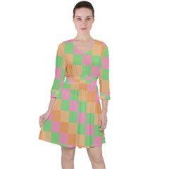 Checkerboard-pastel-squares Quarter Sleeve Ruffle Waist Dress by Semog4