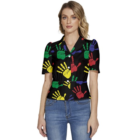 Handprints-hand-print-colourful Puffed Short Sleeve Button Up Jacket by Semog4