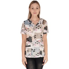 Cute Cat Couple Seamless Pattern Cartoon Women s V-neck Scrub Top by Semog4