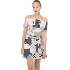 Cute Cat Couple Seamless Pattern Cartoon Off Shoulder Chiffon Dress by Semog4