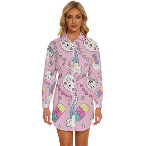 Beautiful Cute Animals Pattern Pink Womens Long Sleeve Shirt Dress by Semog4