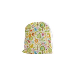 Nature Doodle Art Trees Birds Owl Children Pattern Multi Colored Drawstring Pouch (xs) by Salman4z