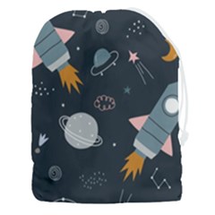 Space Background Illustration With Stars And Rocket Seamless Vector Pattern Drawstring Pouch (3xl) by Salman4z