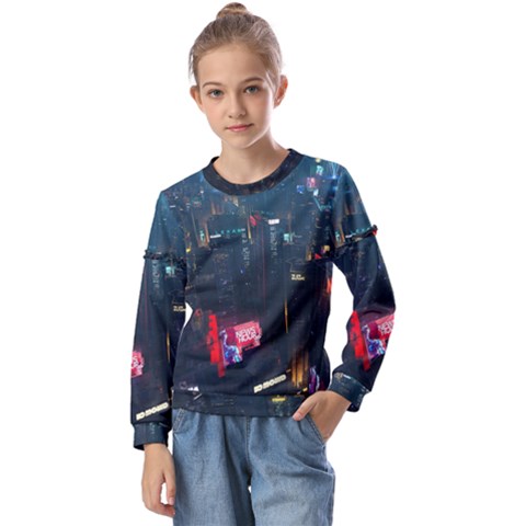 Cityscape Digital Art Kids  Long Sleeve Tee With Frill  by Salman4z