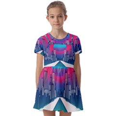 Retro Cityscape Artist Artwork Digital Art Kids  Short Sleeve Pinafore Style Dress by Salman4z