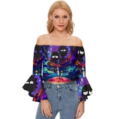 Rick And Morty In Outer Space Off Shoulder Flutter Bell Sleeve Top by Salman4z
