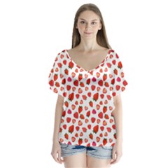 Watercolor Strawberry V-neck Flutter Sleeve Top by SychEva