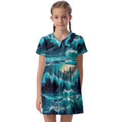 Tsunami Waves Ocean Sea Nautical Nature Water 5 Kids  Asymmetric Collar Dress by Jancukart