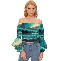 Tsunami Waves Ocean Sea Nautical Nature Water 5 Off Shoulder Flutter Bell Sleeve Top by Jancukart