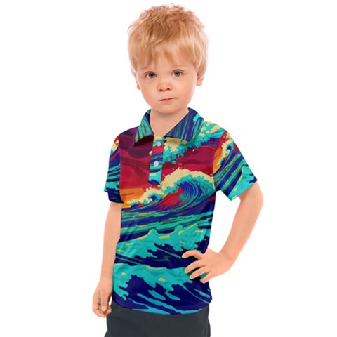 Tsunami Waves Ocean Sea Nautical Nature Water 9 Kids  Polo Tee by Jancukart