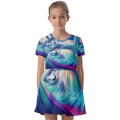 Waves Ocean Sea Tsunami Nautical Nature Water Kids  Short Sleeve Pinafore Style Dress by Jancukart