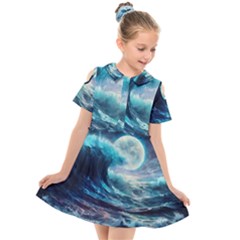 Tsunami Waves Ocean Sea Nautical Nature Water 4 Kids  Short Sleeve Shirt Dress by Jancukart