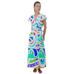 Crazy Pop Art - Doodle Animals   Flutter Sleeve Maxi Dress by ConteMonfrey