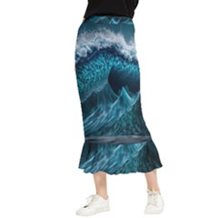 Tsunami Waves Ocean Sea Water Rough Seas Blue Maxi Fishtail Chiffon Skirt by Wegoenart