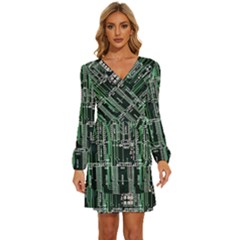 Printed Circuit Board Circuits Long Sleeve Waist Tie Ruffle Velvet Dress by Celenk