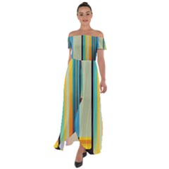 Colorful Rainbow Striped Pattern Stripes Background Off Shoulder Open Front Chiffon Dress by Uceng