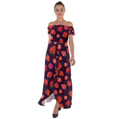 Strawberry On Black Off Shoulder Open Front Chiffon Dress by SychEva
