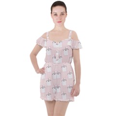 Pattern Pink Cute Sweet Fur Cats Ruffle Cut Out Chiffon Playsuit by Salman4z