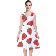 Seamless Pattern Fresh Strawberry V-neck Midi Sleeveless Dress  by Salman4z