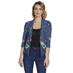 Cat Cosmos Cosmonaut Rocket Women s Draped Front 3/4 Sleeve Shawl Collar Jacket by Salman4z